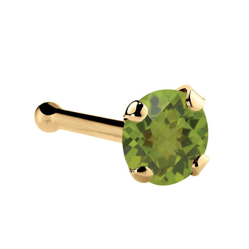 14K yellow gold peridot nose bone with 3mm large genuine green stone, prong-set side view