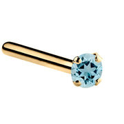 14K yellow gold aquamarine straight pin post nose ring with 1.5mm tiny blue stone