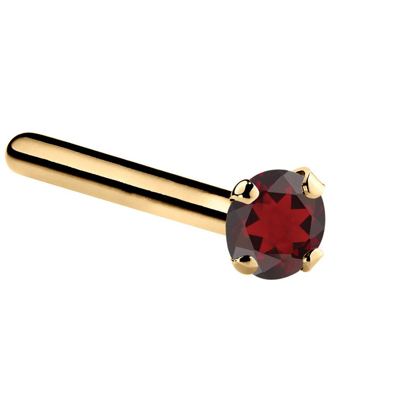14K yellow gold garnet straight pin post nose ring with 1.5mm tiny red garnet, side view