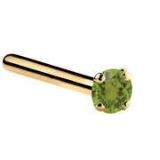 14K yellow gold peridot straight pin nose ring with 1.5mm tiny genuine green stone