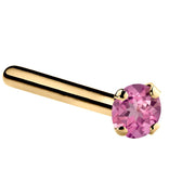 14K yellow gold pink tourmaline straight post nose ring with 1.5mm tiny genuine stone, side view
