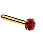 14K yellow gold genuine ruby straight post nose ring, 1.5mm tiny red stone, pin-end style side view