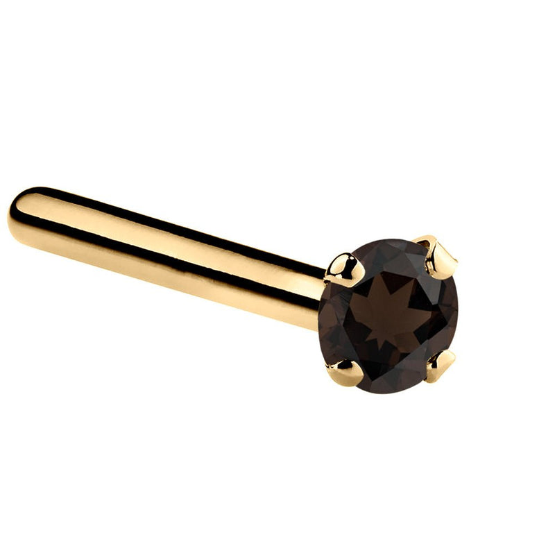 14K yellow gold smokey quartz straight pin post nose ring with 1.5mm tiny brown stone