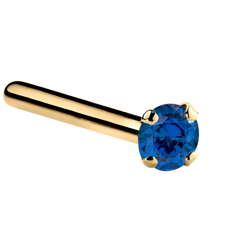 14K yellow gold blue sapphire straight pin post nose ring with 1.5mm tiny stone, angled view
