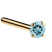 14K yellow gold aquamarine straight pin post nose ring with 2mm standard blue stone