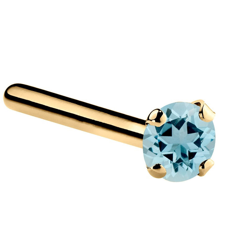14K yellow gold aquamarine straight pin post nose ring with 2mm standard blue stone