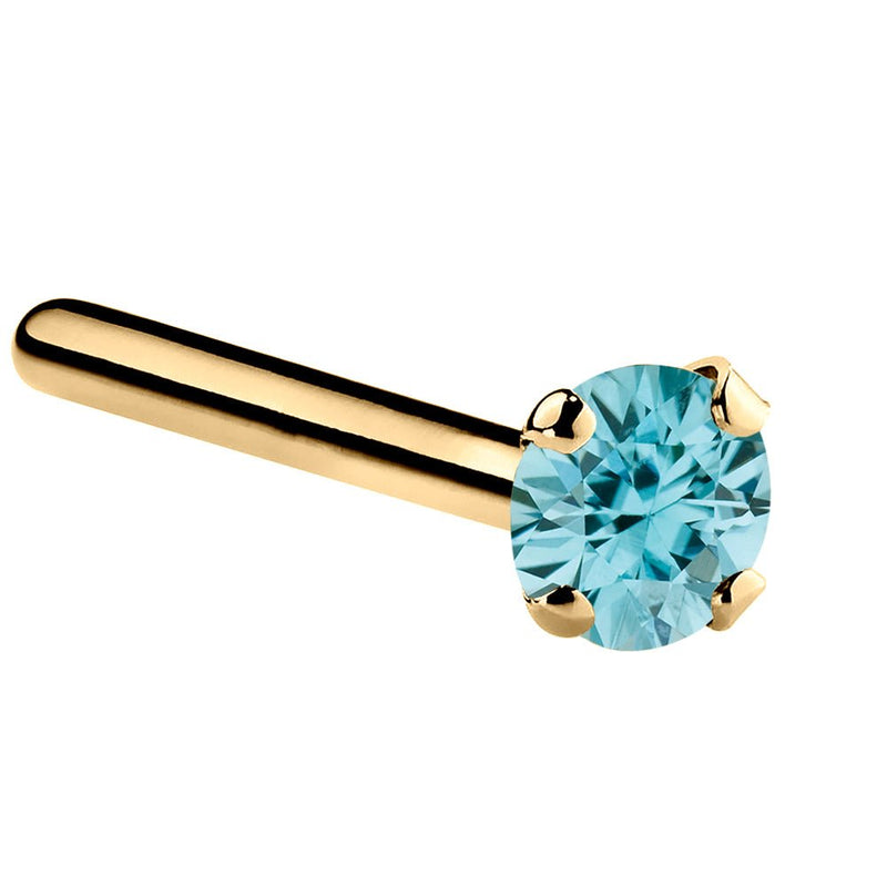 14K yellow gold straight pin nose ring with 2mm genuine blue zircon, standard size