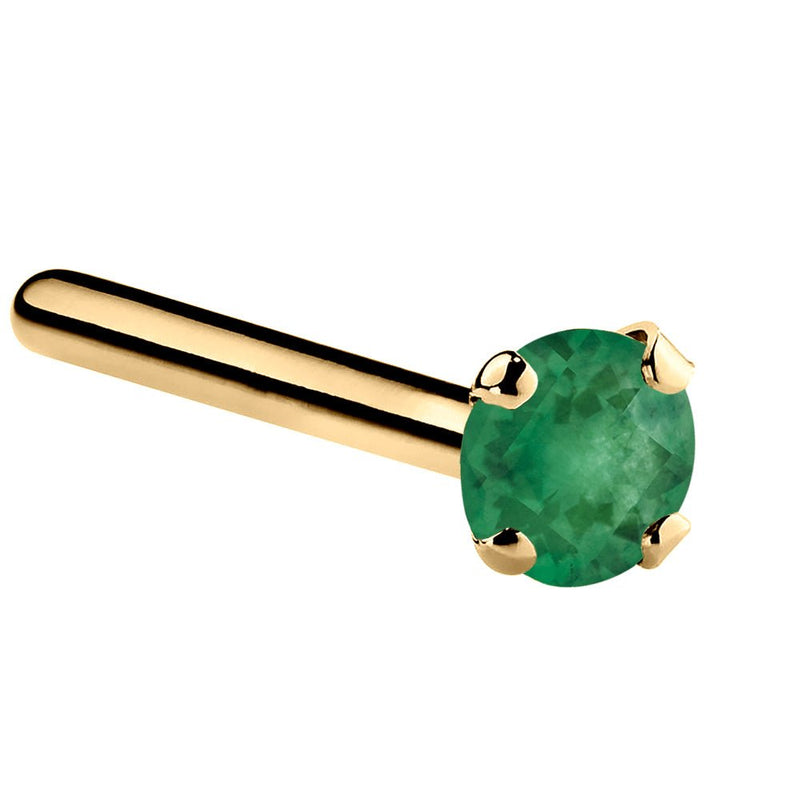 14K yellow gold genuine emerald straight pin nose stud with standard 2mm prong-set emerald