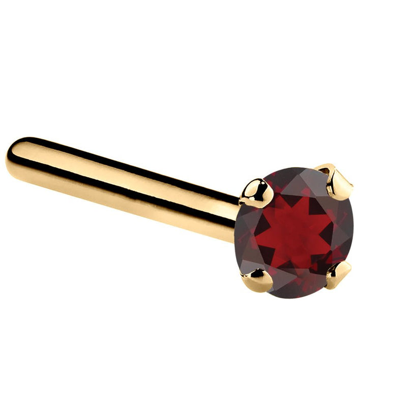 14K yellow gold garnet straight pin post nose ring with 2mm standard round red garnet