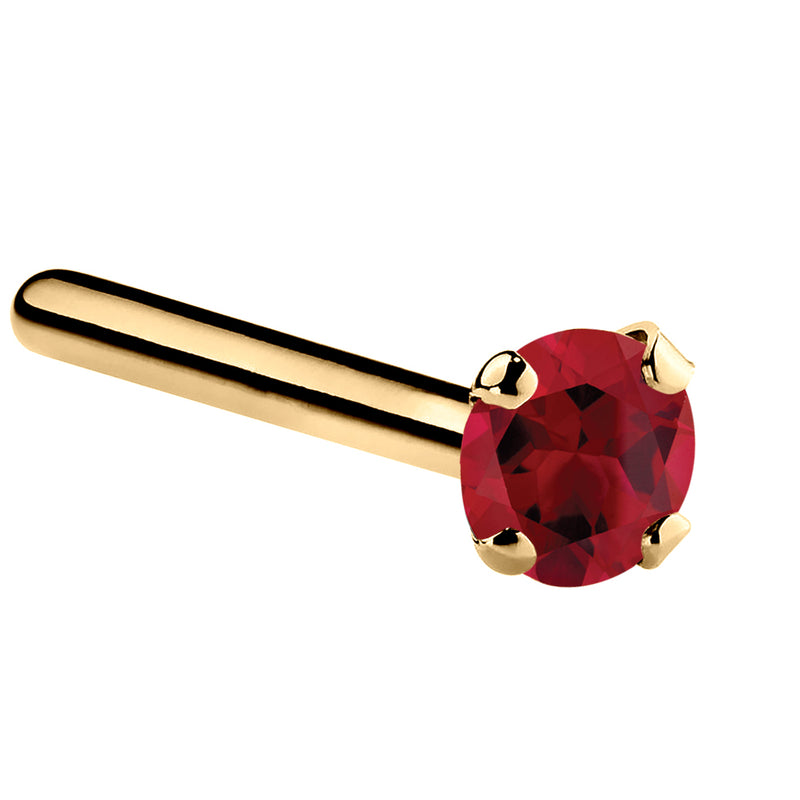 14K yellow gold genuine ruby straight post nose ring with 2mm standard red stone, pin-end side view