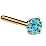 14K yellow gold straight pin nose ring with 3mm genuine blue zircon, large stone setting