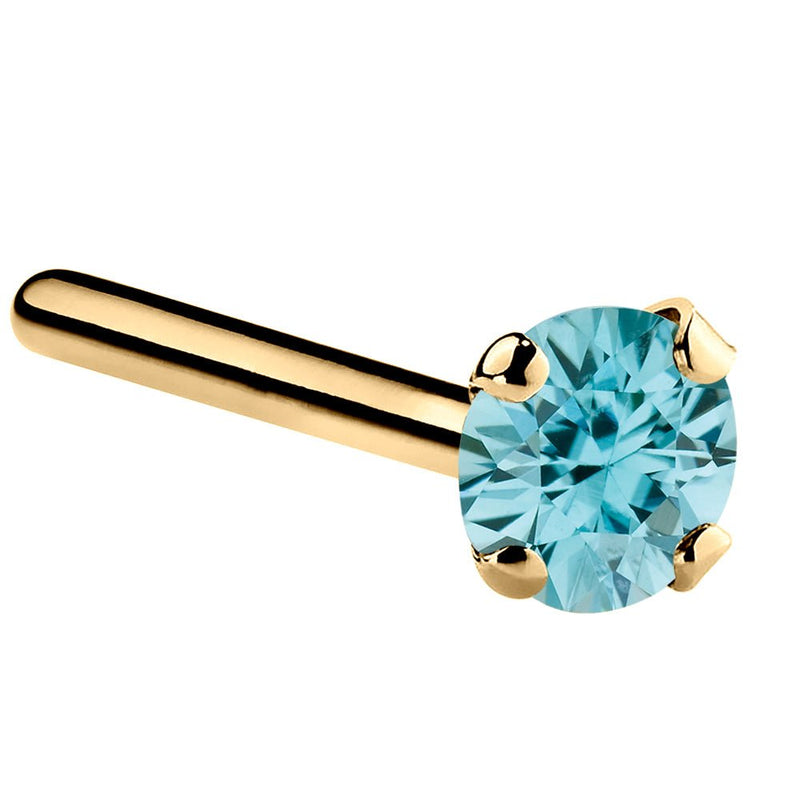 14K yellow gold straight pin nose ring with 3mm genuine blue zircon, large stone setting