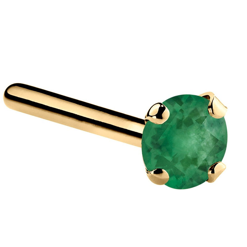 14K yellow gold genuine emerald straight pin nose stud with large 3mm prong-set green emerald