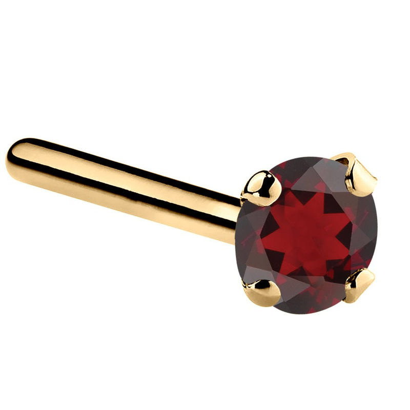 14K yellow gold garnet straight pin post nose ring with 3mm large genuine red garnet