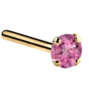 14K yellow gold pink tourmaline straight post nose ring with 3mm large genuine tourmaline, side view