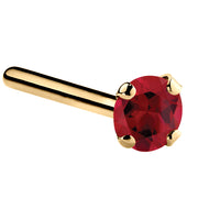 14K yellow gold genuine ruby straight post nose ring with 3mm large red ruby, pin-end style view