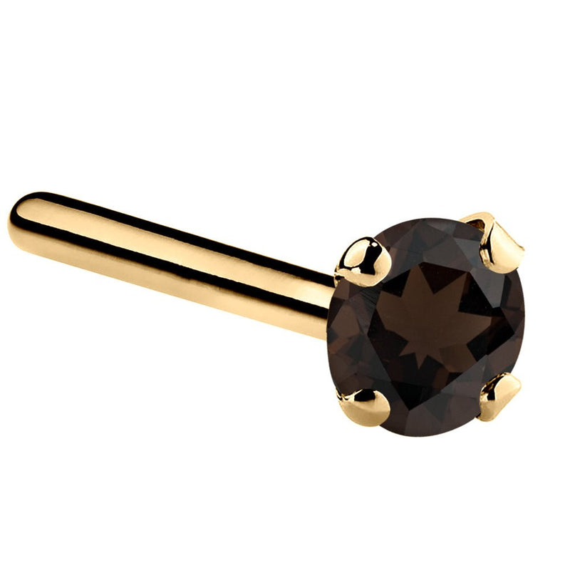 14K yellow gold smokey quartz straight pin post nose ring with 3mm large brown stone