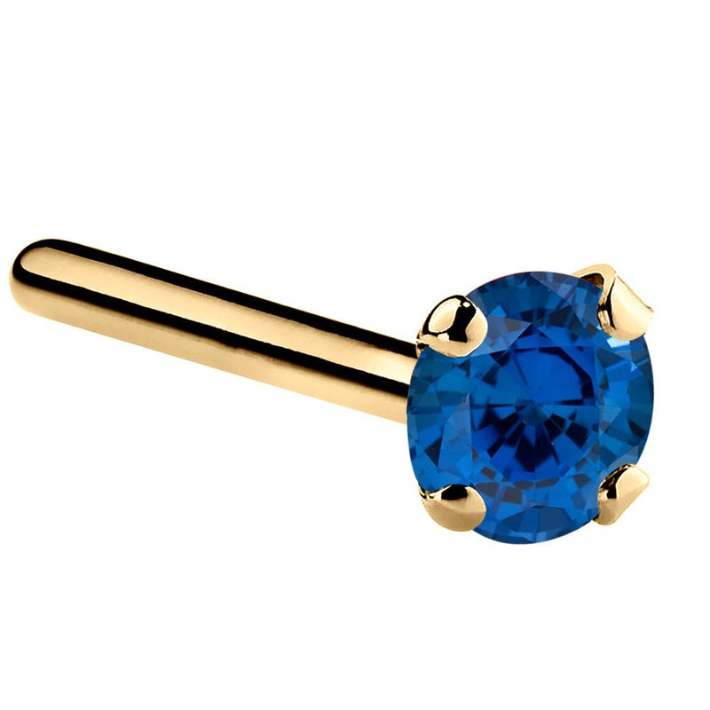 14K yellow gold blue sapphire pin post nose ring with 3mm large stone, straight post side view