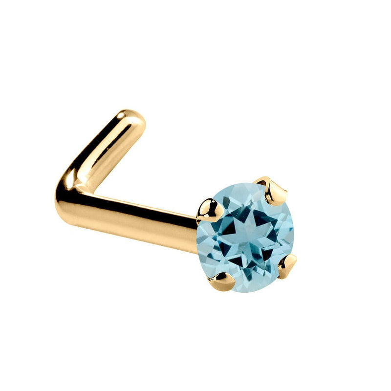 14K yellow gold aquamarine L-shape nose ring with 1.5mm tiny blue prong-set stone