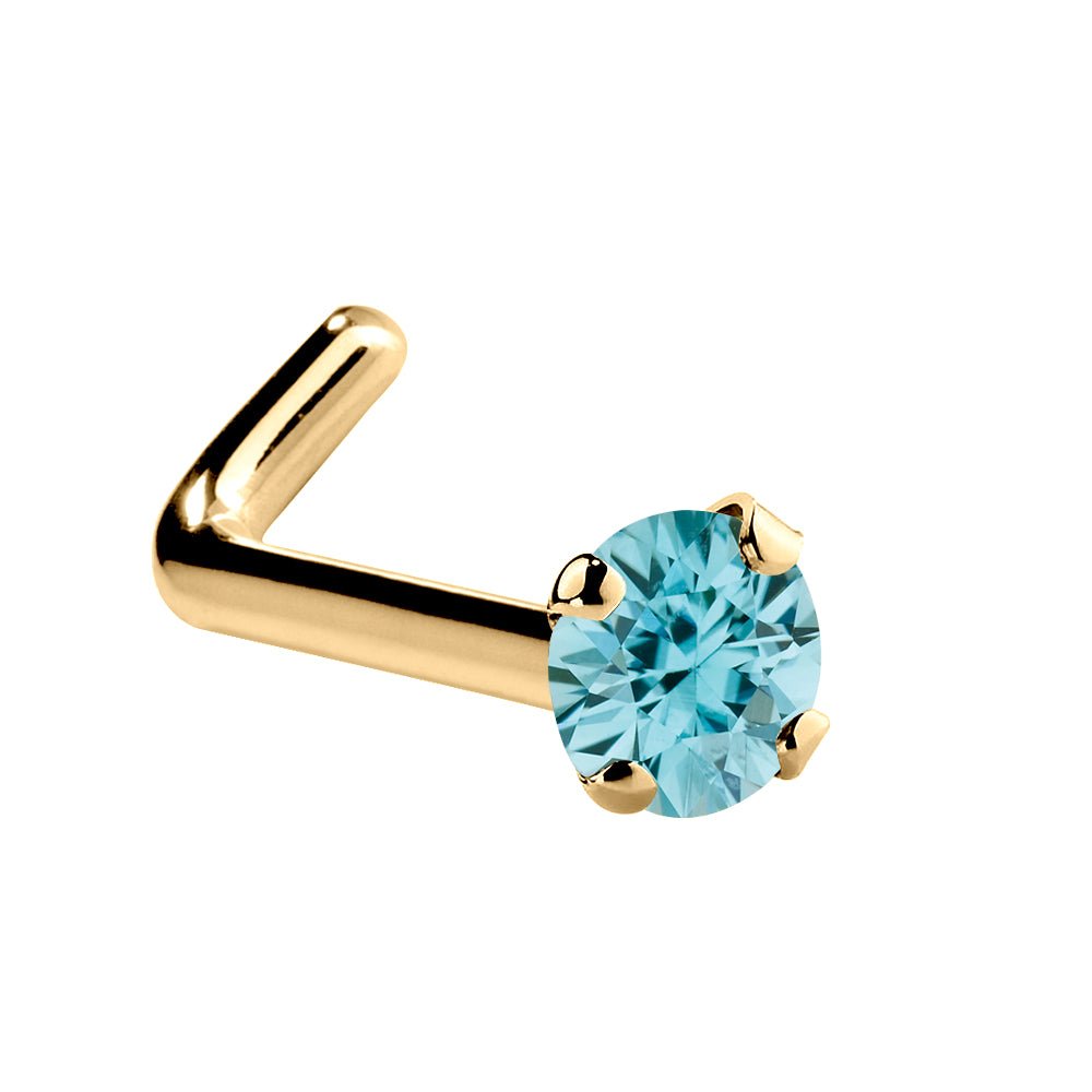 Genuine Blue Zircon 14K Gold Nose Ring-14K Yellow Gold   L Shape   1.5mm (tiny)