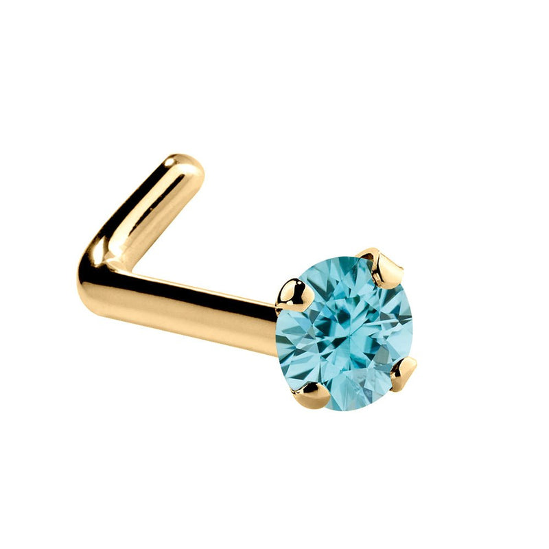 14K yellow gold L-shape nose ring with 1.5mm genuine blue zircon, tiny prong setting