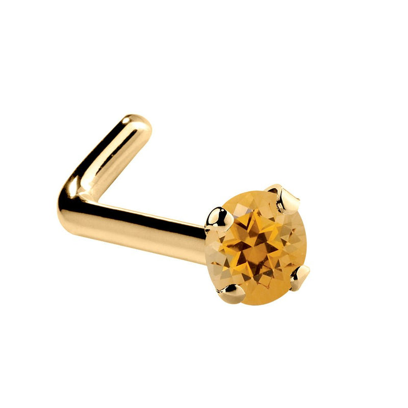 14K yellow gold citrine L-shape nose stud, 1.5mm tiny orange stone with right-angle post