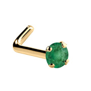 14K yellow gold genuine emerald L-shape nose ring with tiny 1.5mm prong-set green emerald