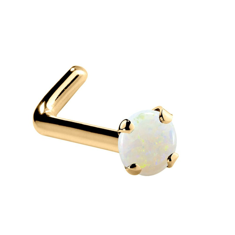 14K yellow gold genuine opal L-shape nose ring, 1.5mm tiny opal in four-prong gold setting