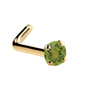14K yellow gold peridot L-shape nose ring with 1.5mm tiny genuine green stone, side view
