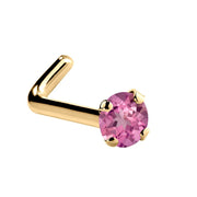 14K yellow gold pink tourmaline L-shape nose ring with 1.5mm tiny genuine stone, side view