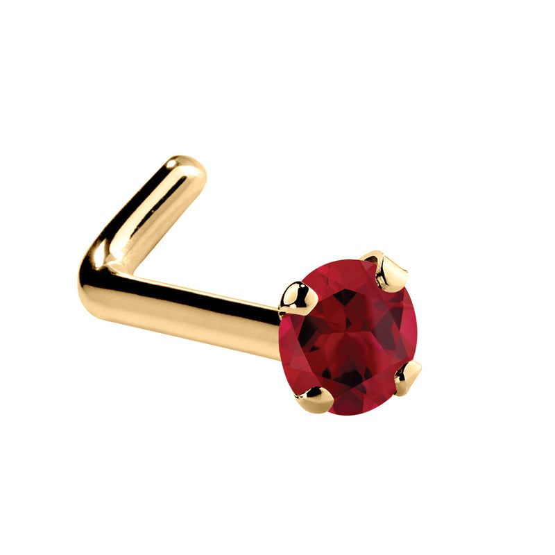 14K yellow gold genuine ruby L-shape nose ring with 1.5mm tiny red stone, showing L-post style
