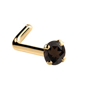 14K yellow gold smokey quartz L-shape nose ring with 1.5mm tiny brown stone, angled view