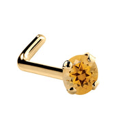 14K yellow gold citrine L-shape nose stud, 2mm standard round orange citrine gemstone