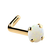 14K yellow gold genuine opal L-shape nose ring, 2mm standard opal cabochon, angled view