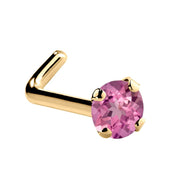 14K yellow gold pink tourmaline L-shape nose ring with 2mm standard genuine tourmaline, side view