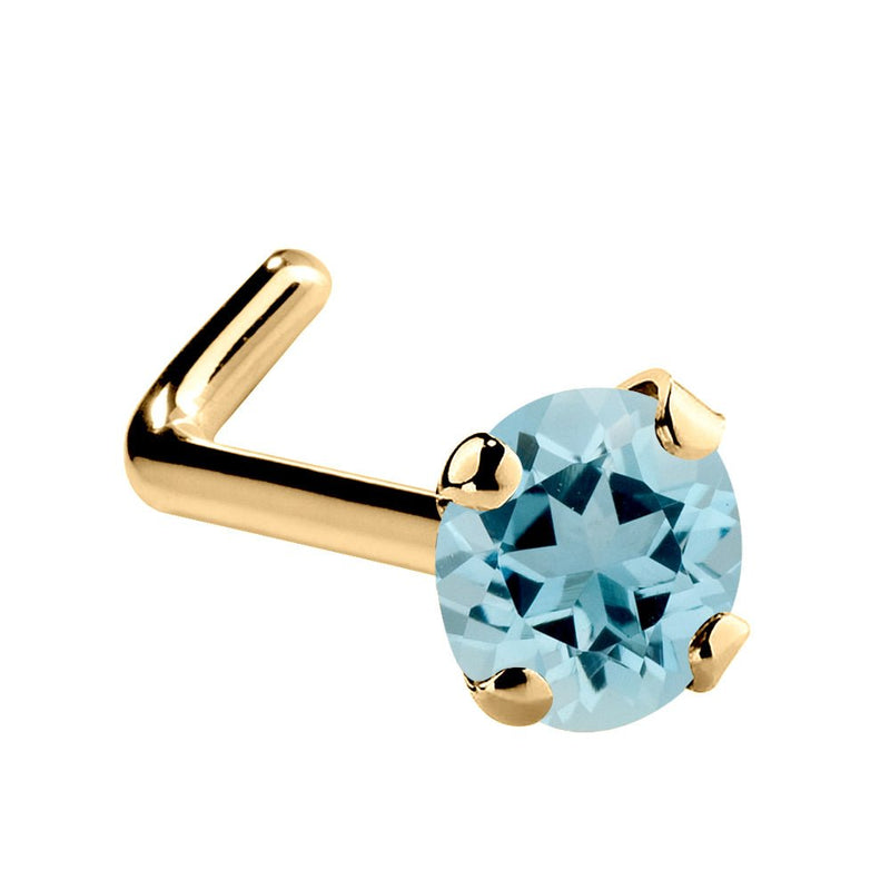 14K yellow gold aquamarine L-shape nose ring with 3mm large blue prong-set stone