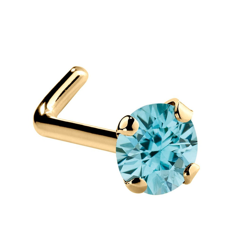 14K yellow gold L-shape nose ring with 3mm genuine blue zircon, large stone prong setting