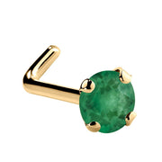14K yellow gold genuine emerald L-shape nose ring with large 3mm prong-set green emerald