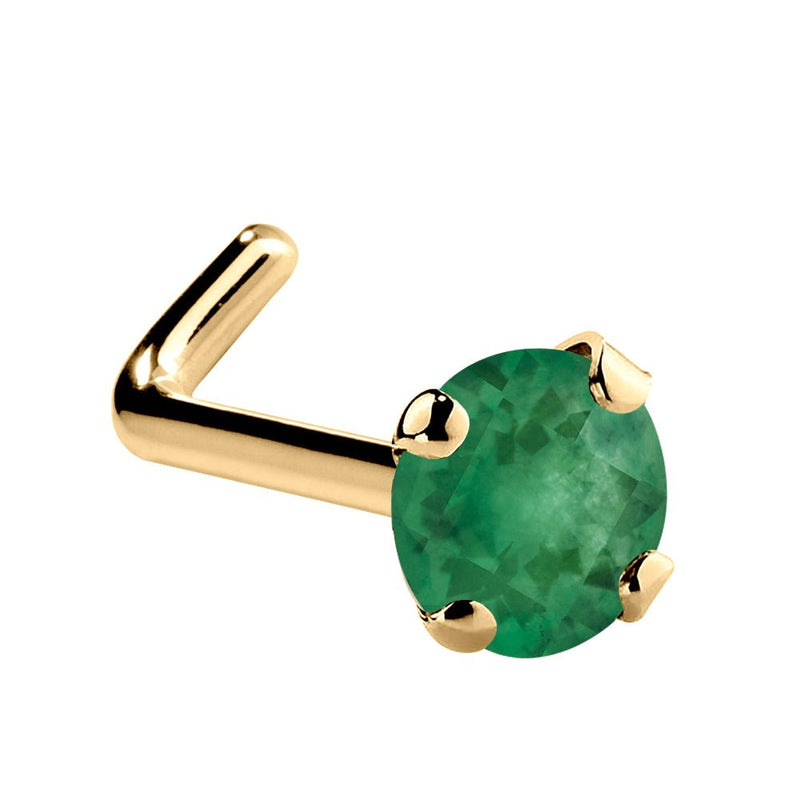14K yellow gold genuine emerald L-shape nose ring with large 3mm prong-set green emerald