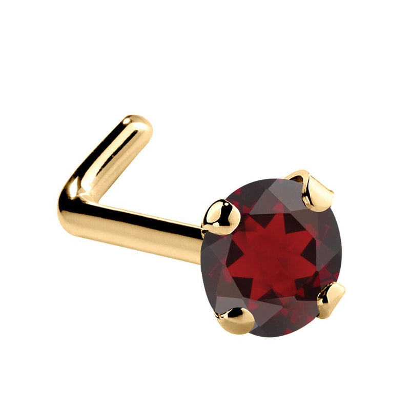 14K yellow gold garnet L-shape nose ring with 3mm large genuine red garnet, angled view