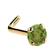 14K yellow gold peridot L-shape nose ring with 3mm large genuine green stone, side view