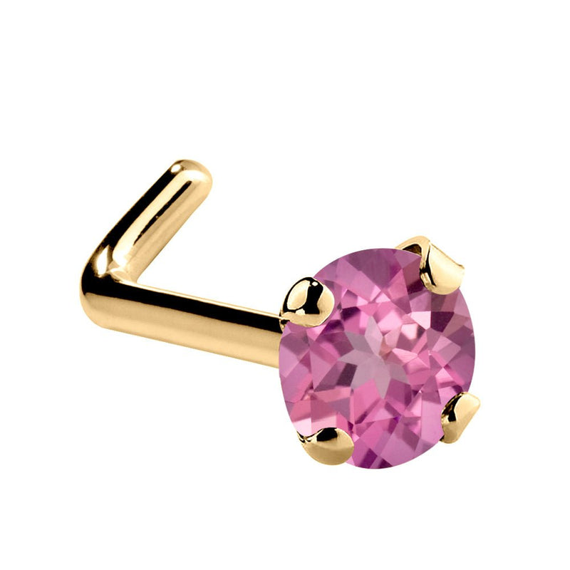14K yellow gold pink tourmaline L-shape nose ring with 3mm large genuine gemstone in prong setting