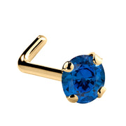 14K yellow gold blue sapphire L-shape nose ring with 3mm large stone, showing 90-degree post bend