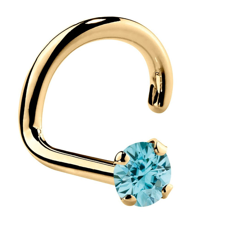 14K yellow gold twist nose ring with 1.5mm genuine blue zircon in four-prong setting