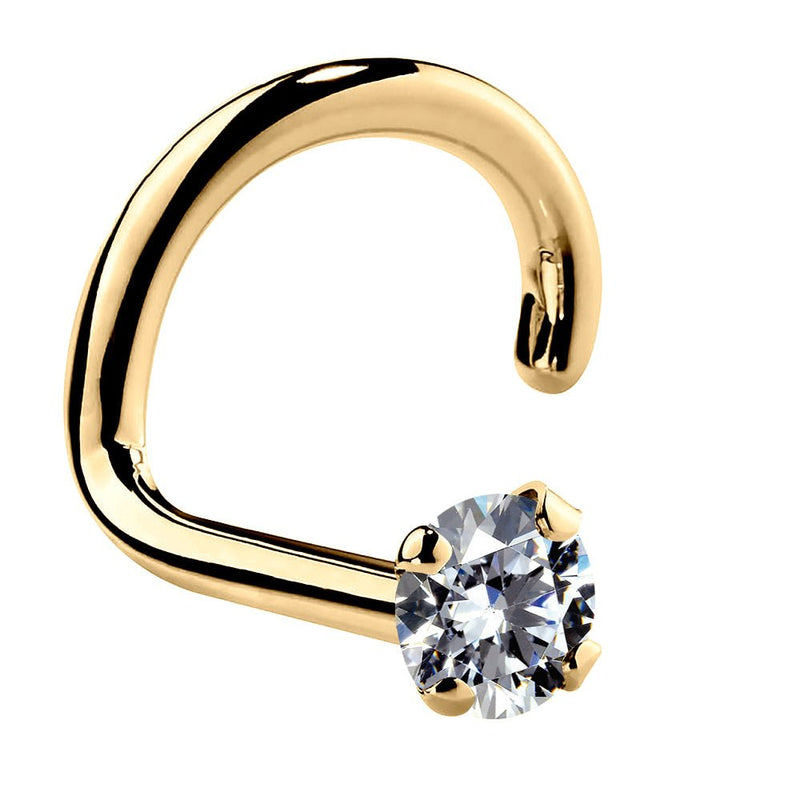 14k yellow gold CZ twist nose ring front view, showing warm gold finish and 4-prong CZ setting