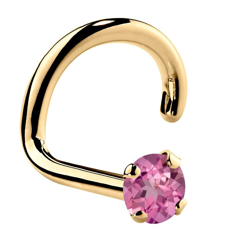 14K yellow gold pink tourmaline twist nose ring, 1.5mm tiny genuine stone in four-prong setting