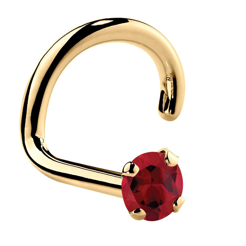14K yellow gold genuine ruby twist nose ring with 1.5mm tiny red stone, angled product view
