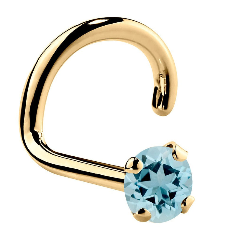 14K yellow gold aquamarine nose ring twist style with 2mm standard round blue stone