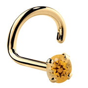14K yellow gold citrine nose ring twist style, 2mm standard orange stone, angled front view
