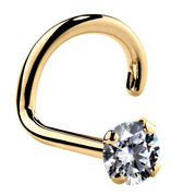 14k yellow gold CZ nose ring twist style, angled view showing warm gold tone and 2mm prong-set stone